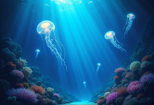 A vibrant underwater scene featuring a school of jellyfish gracefully floating through a coral reef. 