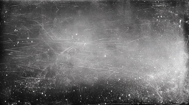 Distressed monochrome film texture in gray and black tones, soft blurry horizontal streaks, gradual darkening black gradient, intersecting linear white scratches and scattered dust speckles on dark ba
