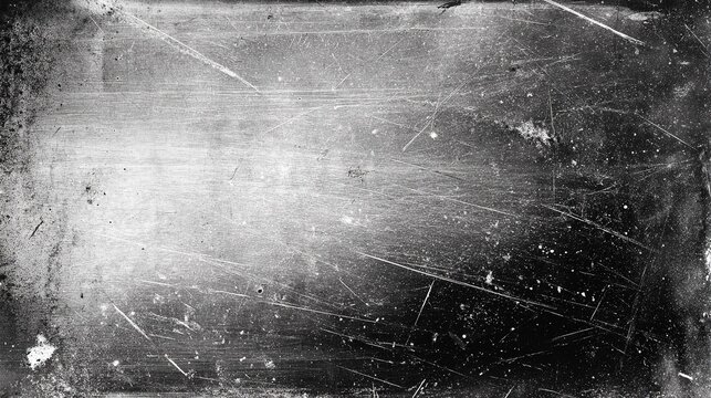 Distressed monochrome film texture in gray and black tones, soft blurry horizontal streaks, gradual darkening black gradient, intersecting linear white scratches and scattered dust speckles on dark ba