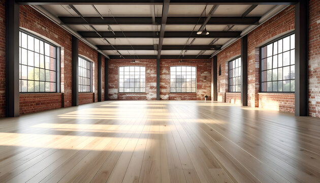 Spacious Industrial Loft with Exposed Brick and Large Windows.