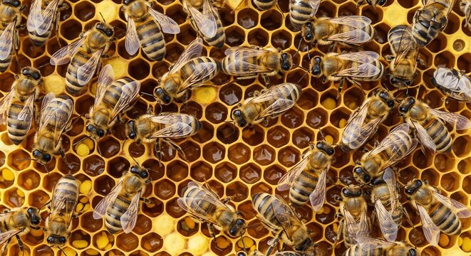 Macro Photography of Honeybees Working on Honeycomb Cells Inside Beehive.