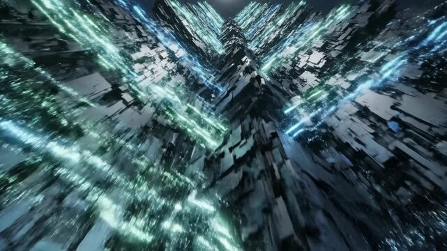 A futuristic digital artwork depicting a dark tunnel with glowing blue and green lights
