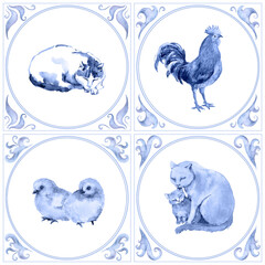 Blue watercolor cat, rooster, chick, and sleeping cat motifs in four oval framed panels with ornate corner scrolls  suitable for stationery and wall decor. Part of a coordinated matching pattern set. © zzorik