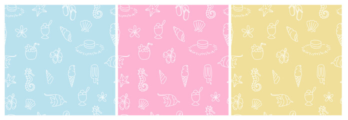 Seamless Hand-Drawn Summer Pattern Collection in Pastel Beach Colors © Diana