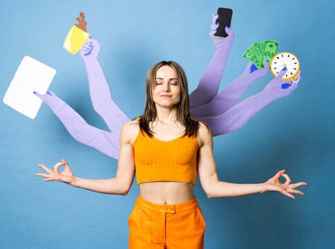 Woman meditating with a paper arm to manage heavy multitasking