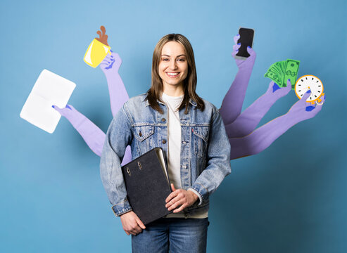 Office worker with extra paper arms showing multitasking skills