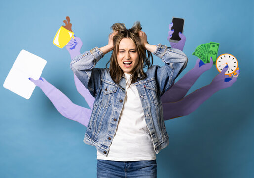 Stressed worker struggling with multitasking and time pressure
