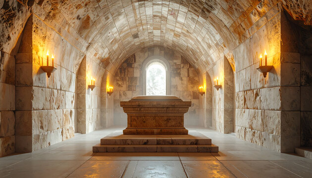 Ancient Stone Crypt with Sarcophagus and Torches.
