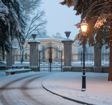 Snowy estate entrance with illuminated lamp post winter