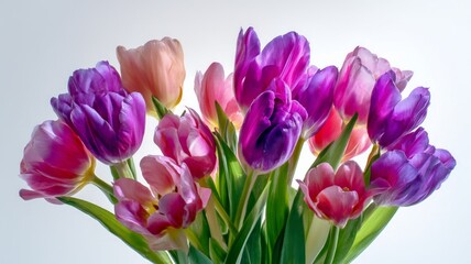 Obraz premium Vibrant tulip bouquet on white background. Artificial intelligence image