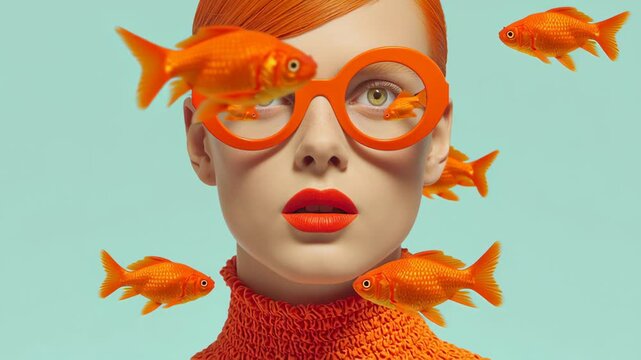 Female model with orange hair and oversized glasses poses against a light blue background, surrounded by floating goldfish, showcasing vibrant colors and playful visual elements