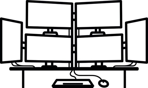 Multi monitor setup a black and white illustration of a computer workstation with six screens