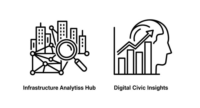 Infrastructure analytics hub and digital civic insights icons with infrastructur