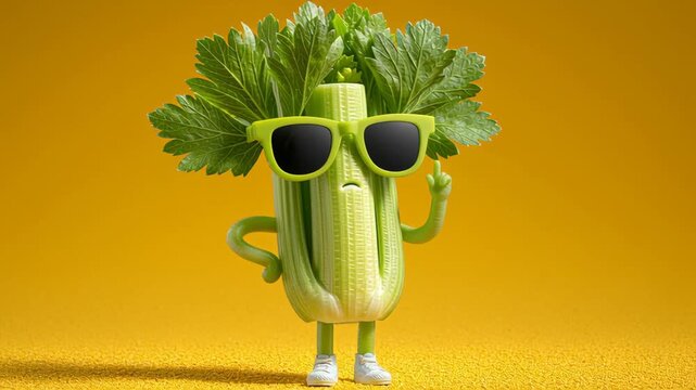 Cartoon celery character with sunglasses poses confidently, showcasing vibrant green leaves and a playful expression against a bright yellow background