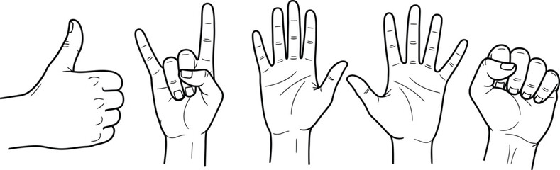 Five hand gestures pointing rock on stop open palm and fist © MDOMOR