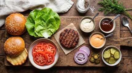 Fototapeta premium Fresh ingredients for hamburger preparation on rustic wooden board 