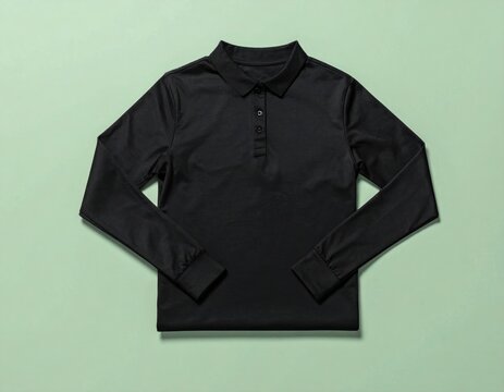 Black long sleeve polo shirt for men classic style buttoned collar on a solid mint green background