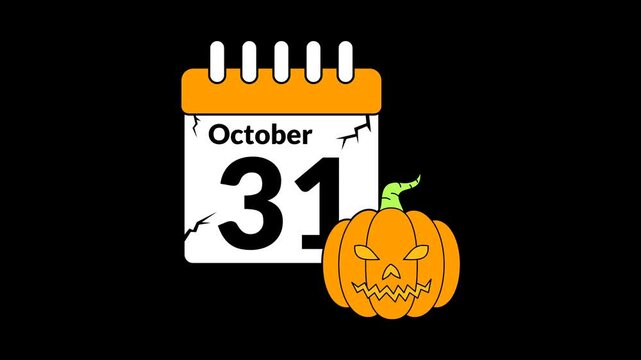Seamless looping Halloween animation with the date October 31 and a swaying Jack o lantern pumpkin. Seasonal spooky motion graphic on a transparent alpha channel for holiday visuals