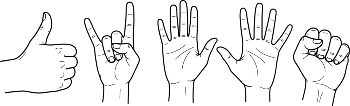 Five hand gestures pointing rock on stop open palm and fist