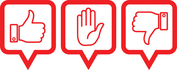 Hand gestures in speech bubbles thumbs up open hand and thumbs down © MDOMOR