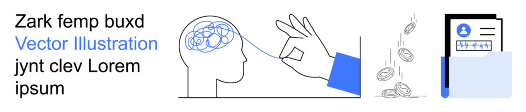 Mental health, financial management, decision-making, cognitive processes, identity verification, healthcare. A hand untangling the brain, falling coins and an ID card. Mental health and financial