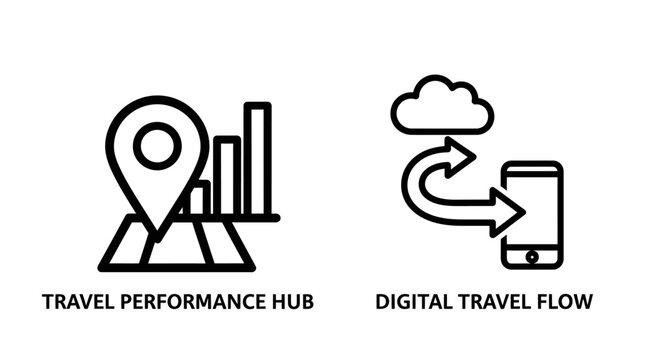 Travel performance map analytics and digital cloud to mobile flow icons