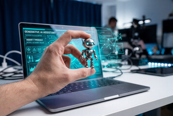 Fototapeta premium Hand holding a small robot figure near laptop with digital interface 