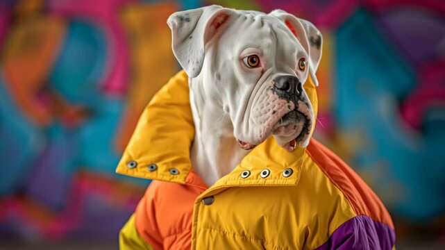 White boxer dog wearing a colorful puffer jacket poses against a vibrant graffiti background, showcasing its playful and stylish appearance in a creative urban setting