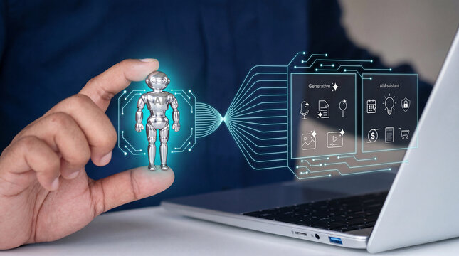 Hand holding robotic figure with laptop displaying digital interface  