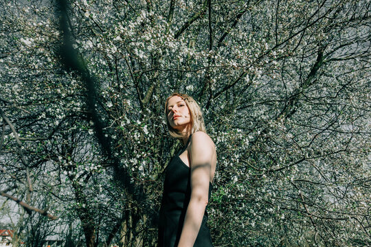 Portrait of a woman in a spring blossom tree with stylish fashion