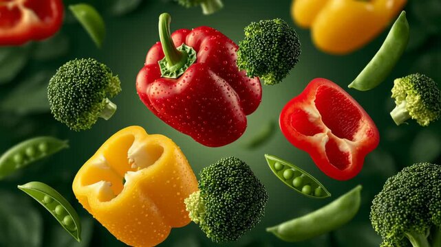 Colorful assortment of fresh vegetables including red, yellow bell peppers, broccoli, and snap peas floating against a dark green background, showcasing vibrant textures and details