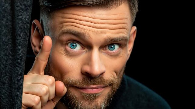 Male with light brown hair and beard gestures with a raised finger, expressing a playful or secretive tone, against a dark background with soft lighting