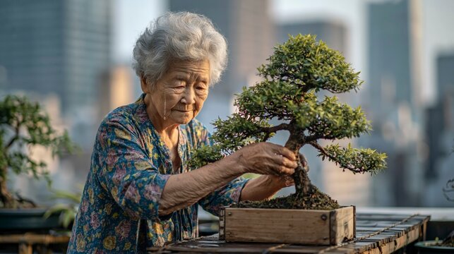Elderly woman tending to bonsai tree on rooftop