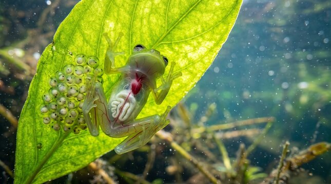 Captivating Transparent Glass Frog Reveals Visible Heart and Eggs on Vibrant Leaf.