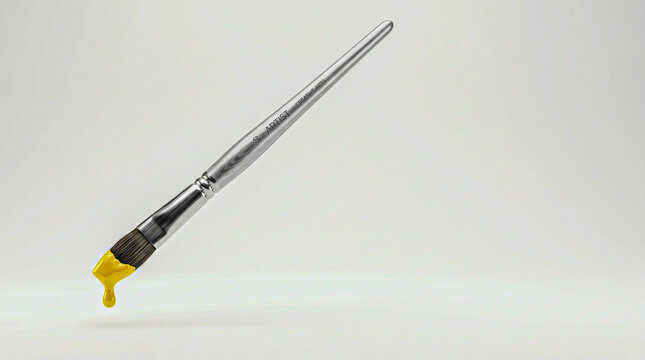 Clean 3D paintbrush with vibrant yellow drop on white studio backdrop