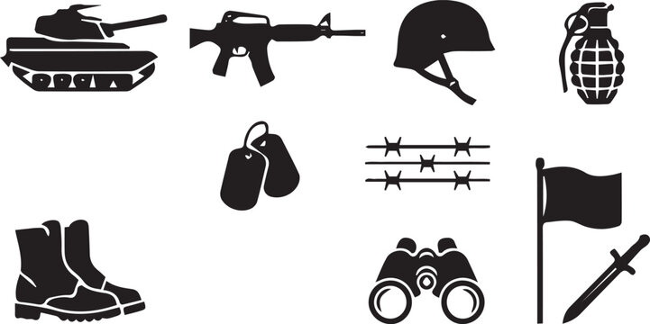 silhouette vector images of war items used in the battle field with white background for using as icon or logo
