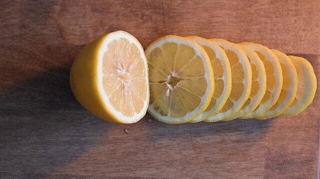 slicing a lemon into uniform rounds on a wooden cutting board.