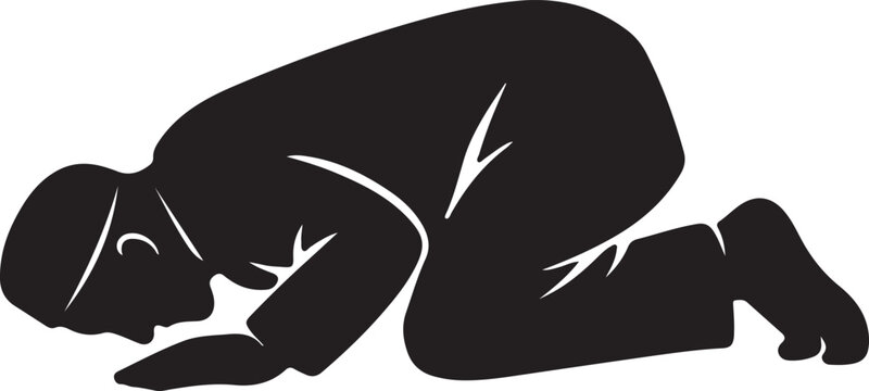 Muslim man in sujood prayer position silhouette vector isolated Islamic worship prostration icon