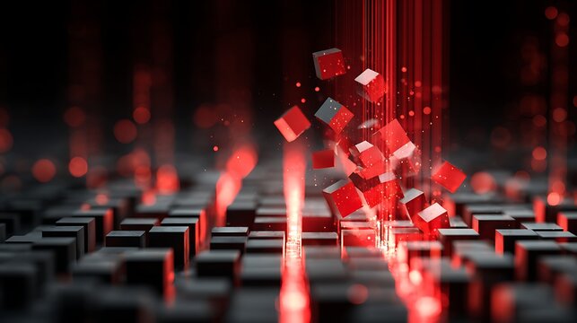 financial downturn visualization, stock cubes collapsing, red light beams moving downward, digital trading concept