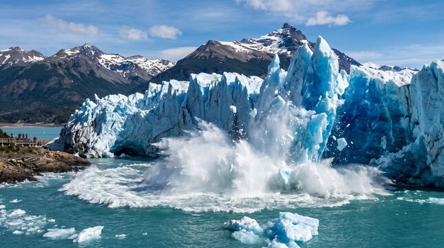Spectacular Perito Moreno Glacier Calving with Huge Ice Splash in Patagonia.