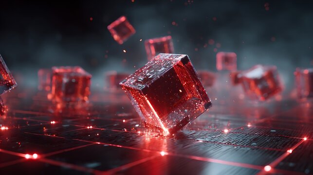 market crash concept, cubes breaking apart and falling, blockchain grid glowing red,