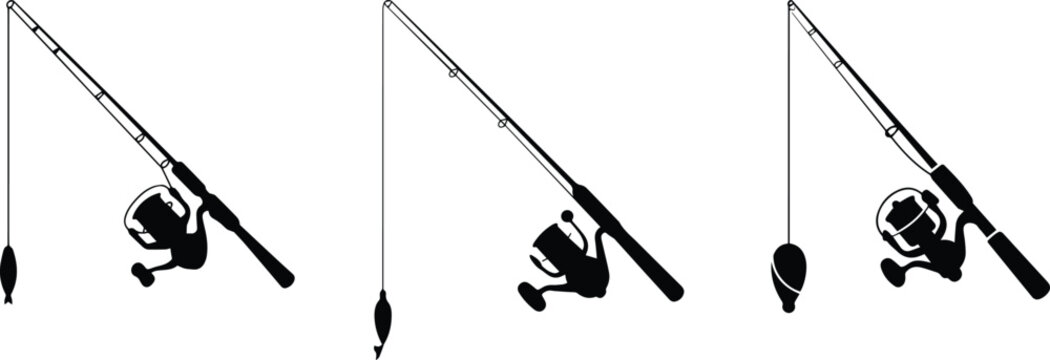 Set of Minimalist black fishing rod and reel gear silhouette vector icon