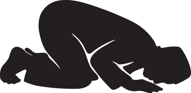 Muslim man prostration sujood close side Islamic prayer silhouette vector isolated for worship design