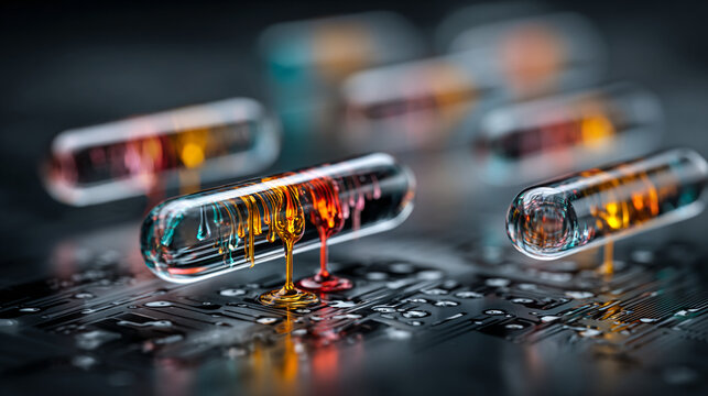 Lab-on-a-Chip Microfluidic Device with Liquid Flow in Tiny Channels, High-Tech Biomedical Engineering, Nanotech Research, Scientific Innovation and Healthcare Technology Concept 