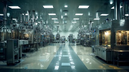 Fototapeta premium Biotech drug manufacturing facility, large-scale production line, stainless steel machines, sterile environment