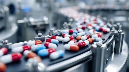 Fototapeta premium Capsule production line close-up, pills moving in automated system, macro detail, pharmaceutical manufacturing,