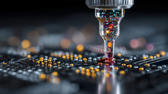 Lab-on-a-Chip Microfluidics in Medicine, Flowing Biological Fluids, Drug Screening, Disease Detection, Advanced 3D Scientific Visualization, Medical Diagnostics Technology Concept 