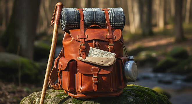 Vintage leather backpack with rolled blanket and walking stick on transparent background