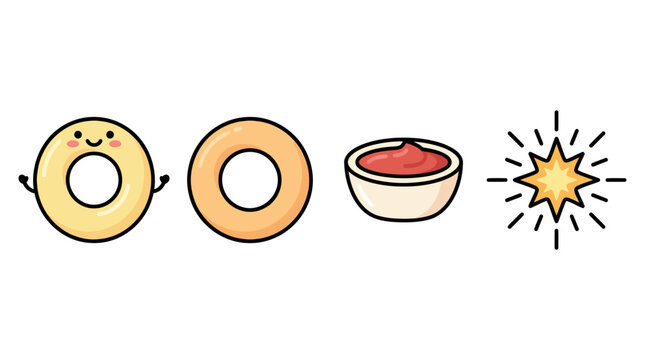 A cute cartoon donut with a happy face, a plain donut, a bowl of ketchup, and a sparkling star.