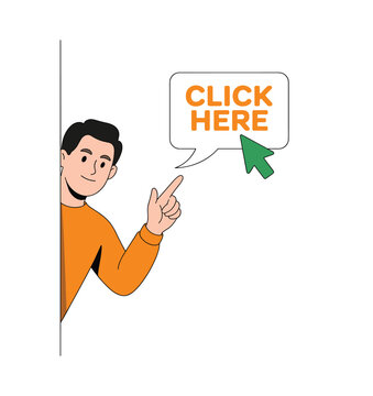 Man peeking from corner pointing at click here button and cursor finger.